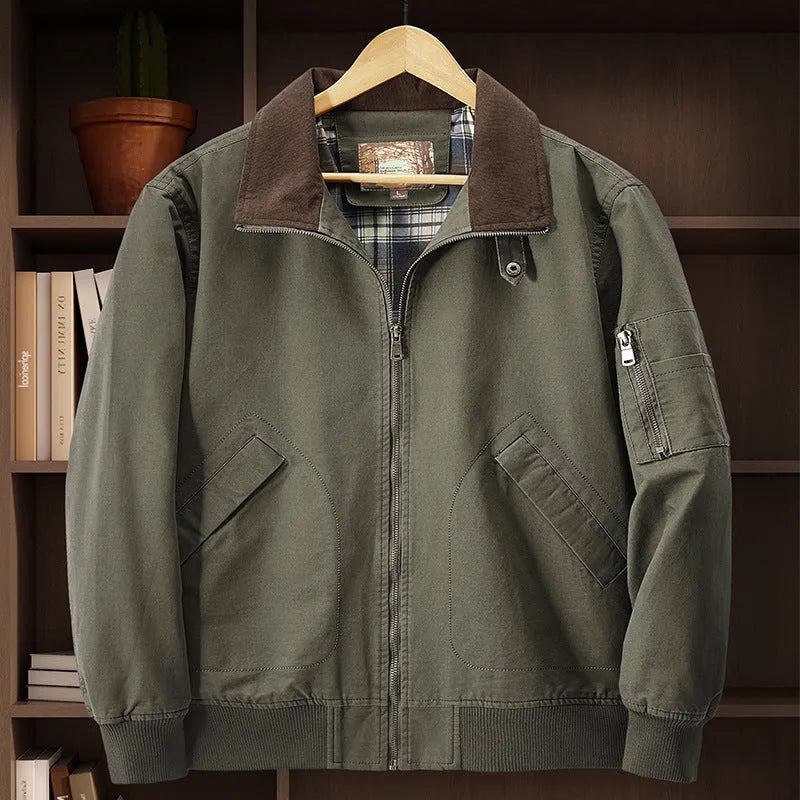Men's plus size washed cotton baseball flight jacket shown in army green colour.