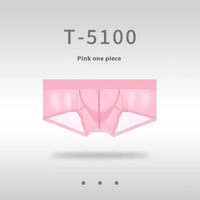 Men's seamless low waist underwear in ice silk nylon fabric showing ultra-thin sheer construction