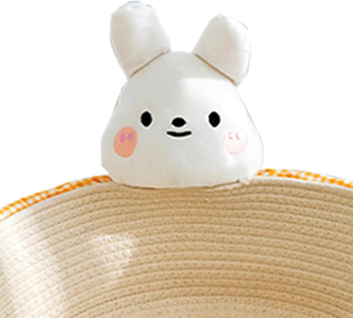 Woven cotton rope cat bed with scratching board surface, available in bear or rabbit styles.