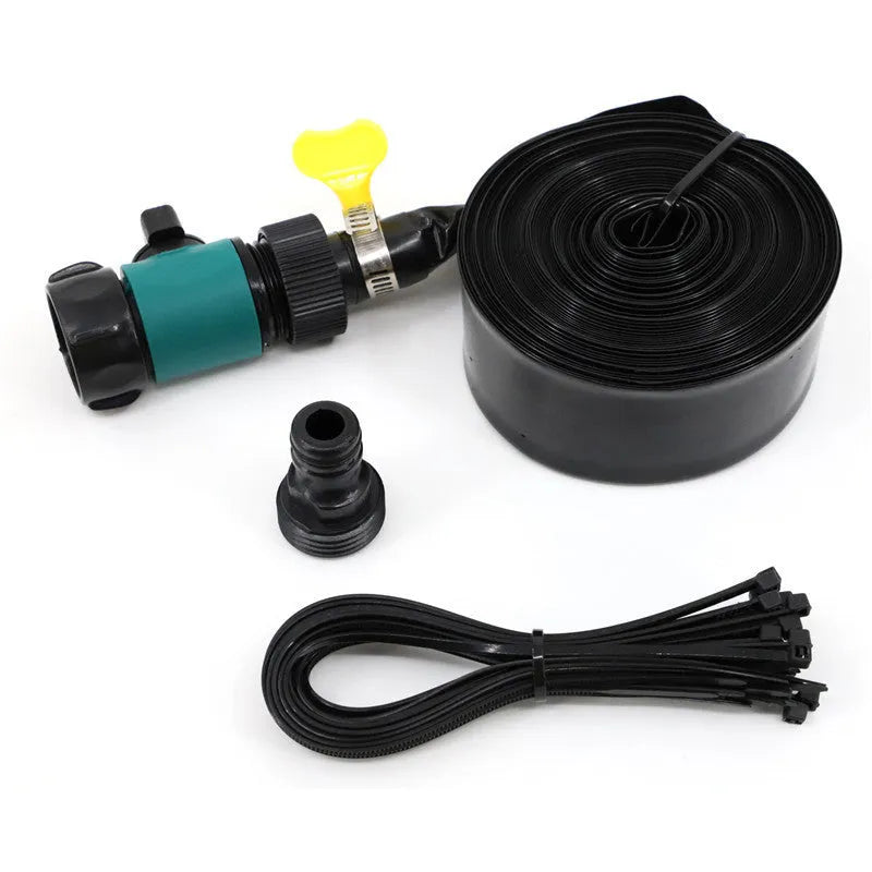 Blue portable garden sprinkler with solar water cooling system and PVC hose