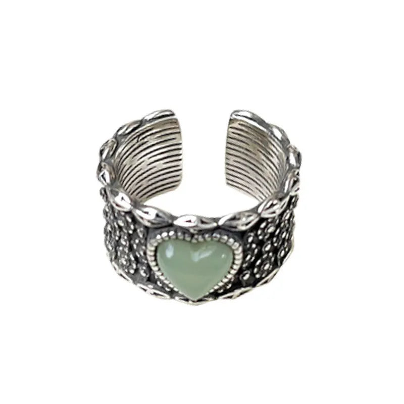 Retro adjustable heart moon ring with silver plating in green or white colours