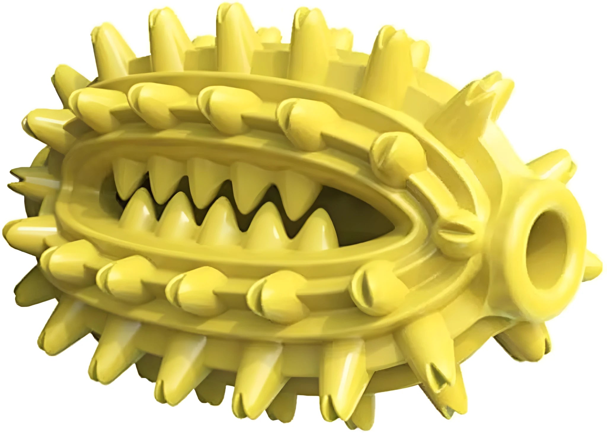 Green or yellow cactus-shaped dog chew toy for dental care, made from durable rubber.