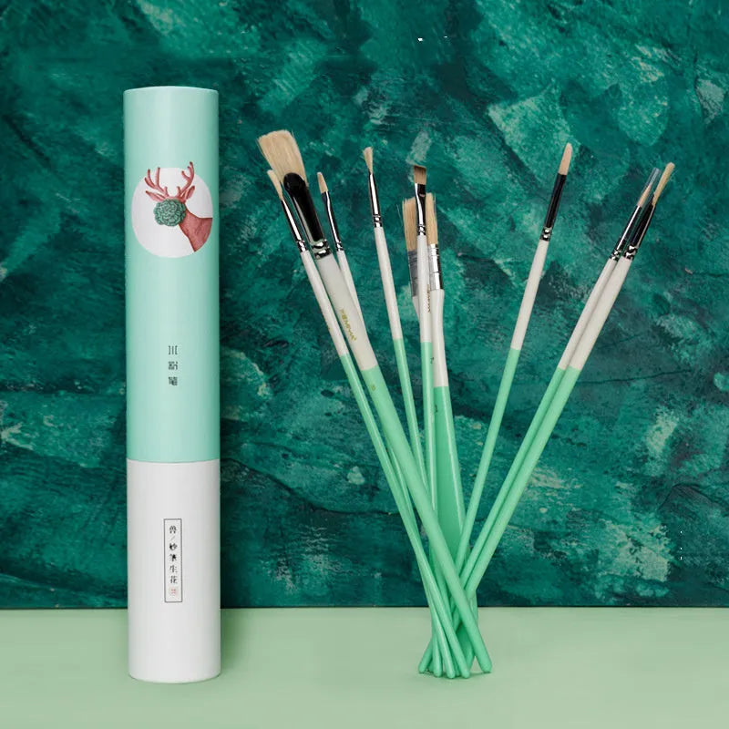 Acrylic gouache fan-shaped brush set with bristle material, animal patterns cat deer elephant rabbit, includes wide brush and fan brushes