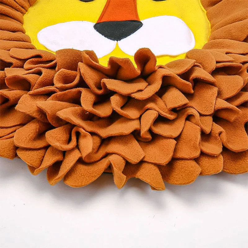 Brown lion-shaped pet sniffing pad with textured fabric for hiding dog or cat food.