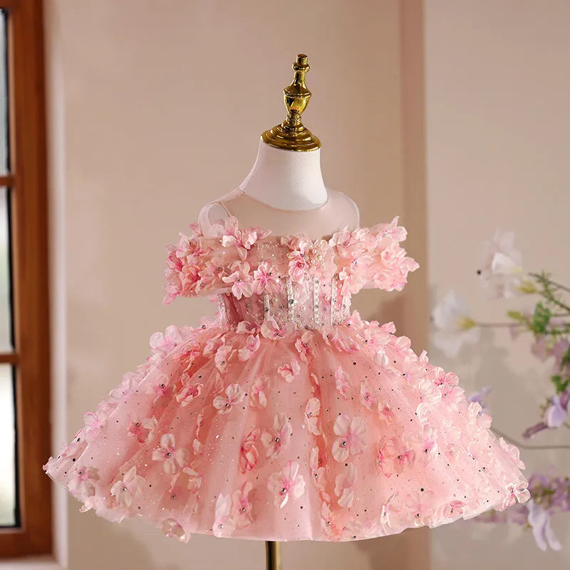 Girls' pink polyester pettiskirt princess dress with full layered skirt suitable for heights up to 150cm