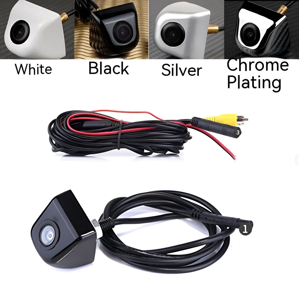 Black metal waterproof car reversing camera with integrated cable for night vision parking aid.