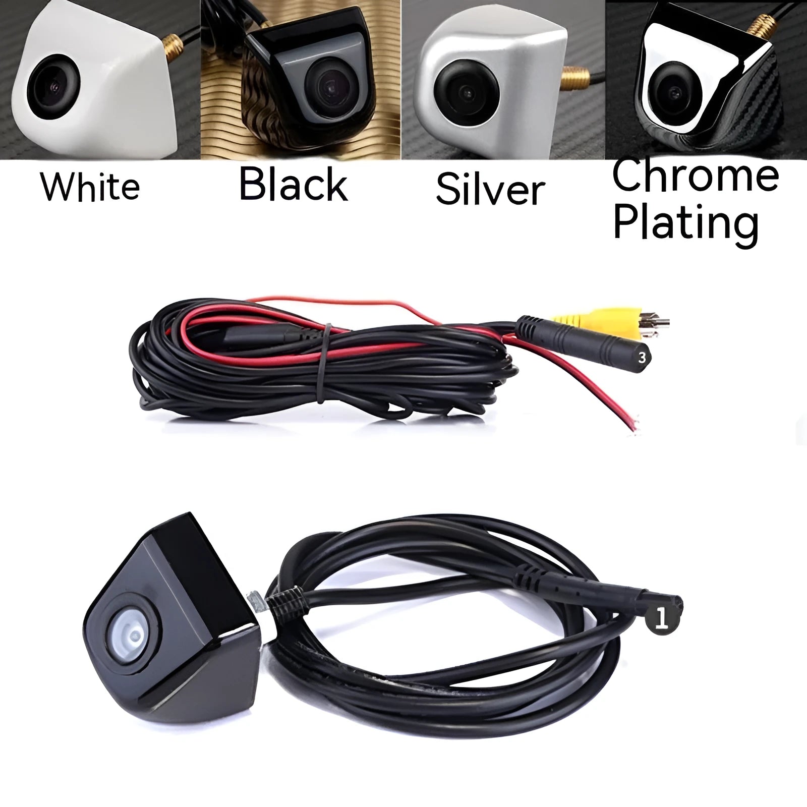 Black metal waterproof car reversing camera with integrated cable for night vision parking aid.