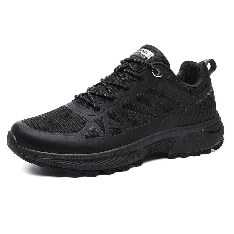 Men's black breathable mesh running shoes with orange accents and a rubber sole