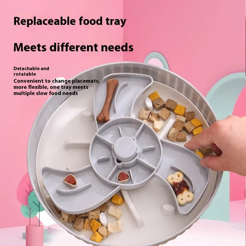 Pet feeding bowl with rotating game board and silicone anti-choke pad in various colour options