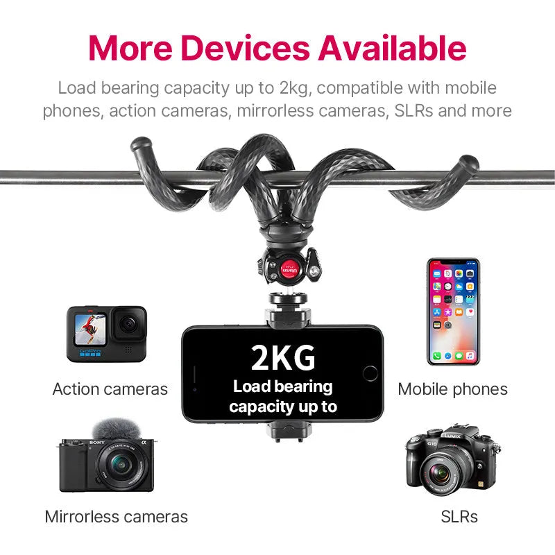Black flexible octopus tripod with mobile phone clip extended to 360mm.