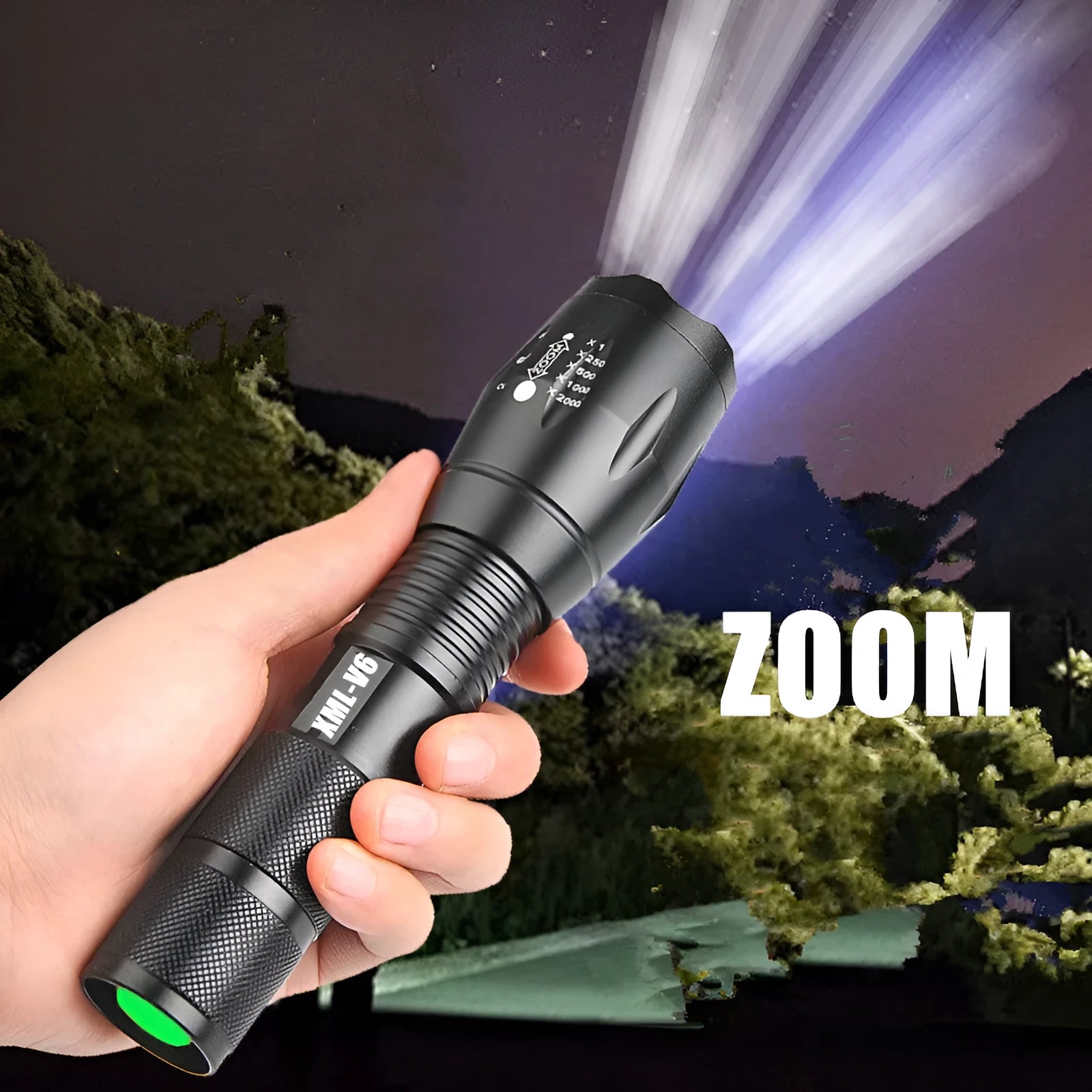 Black aluminium alloy zoomable LED flashlight with adjustable focus ring on a textured body.