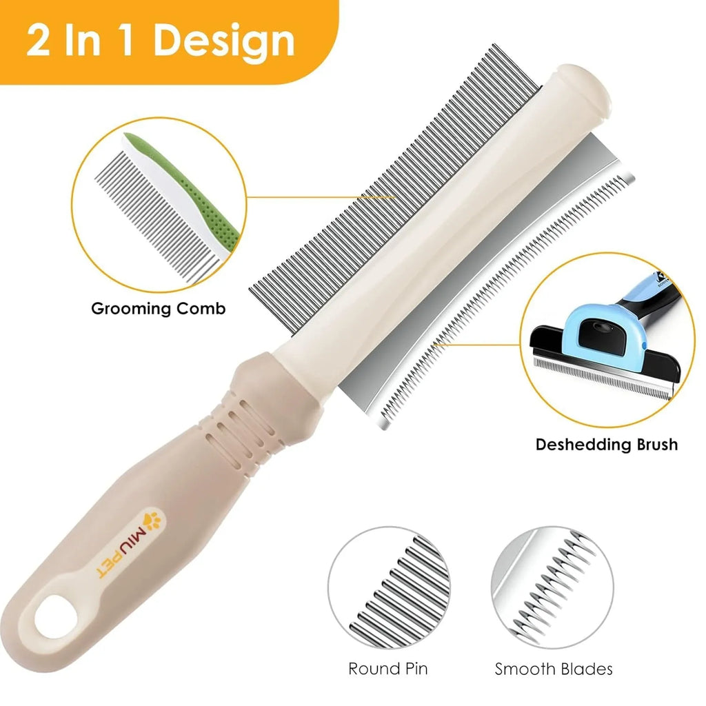 White 2-in-1 dog and cat grooming brush showing curved comb side and deshedding brush side