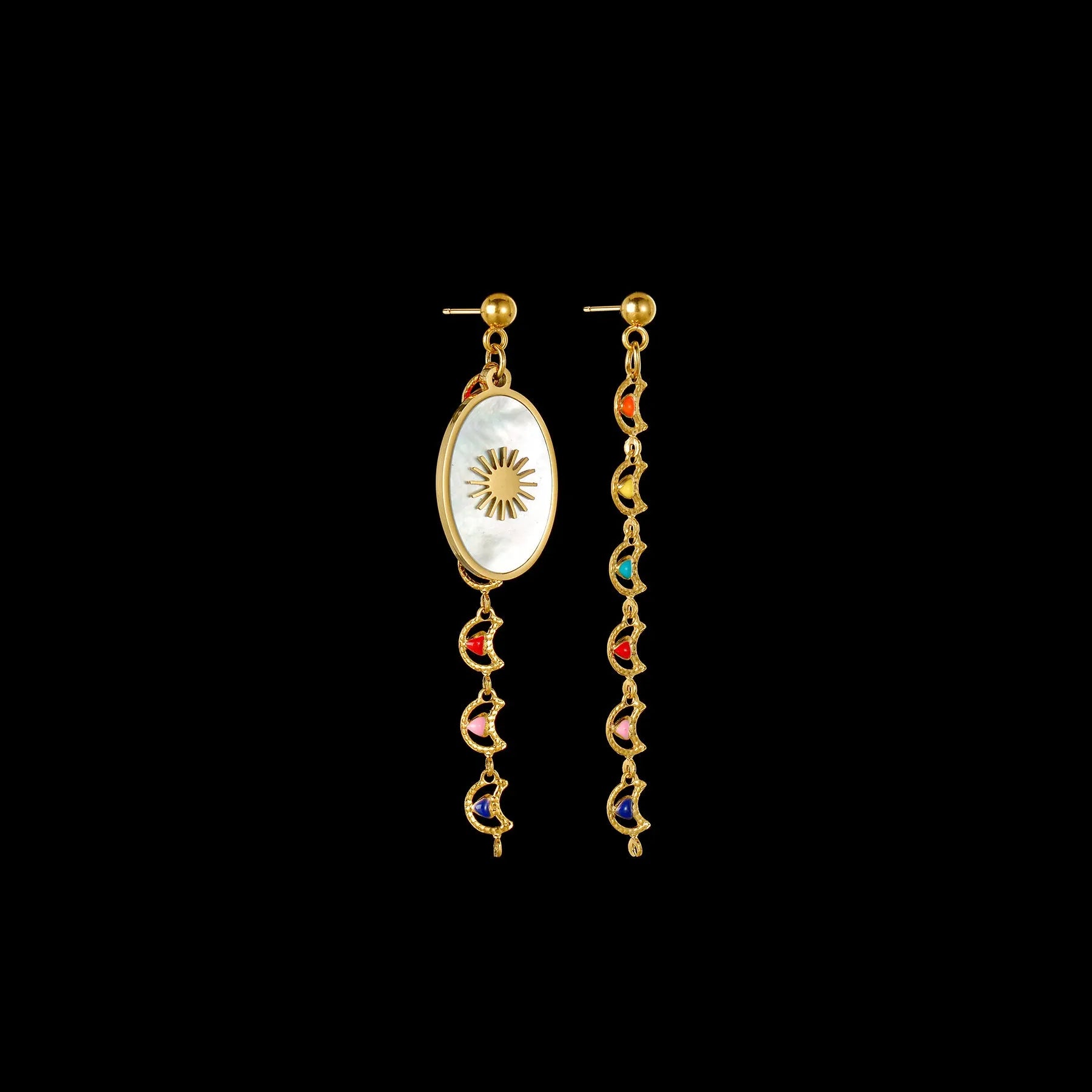 Geometric stainless steel earrings in Eight Awn Star, Eye, and Shell Sun designs
