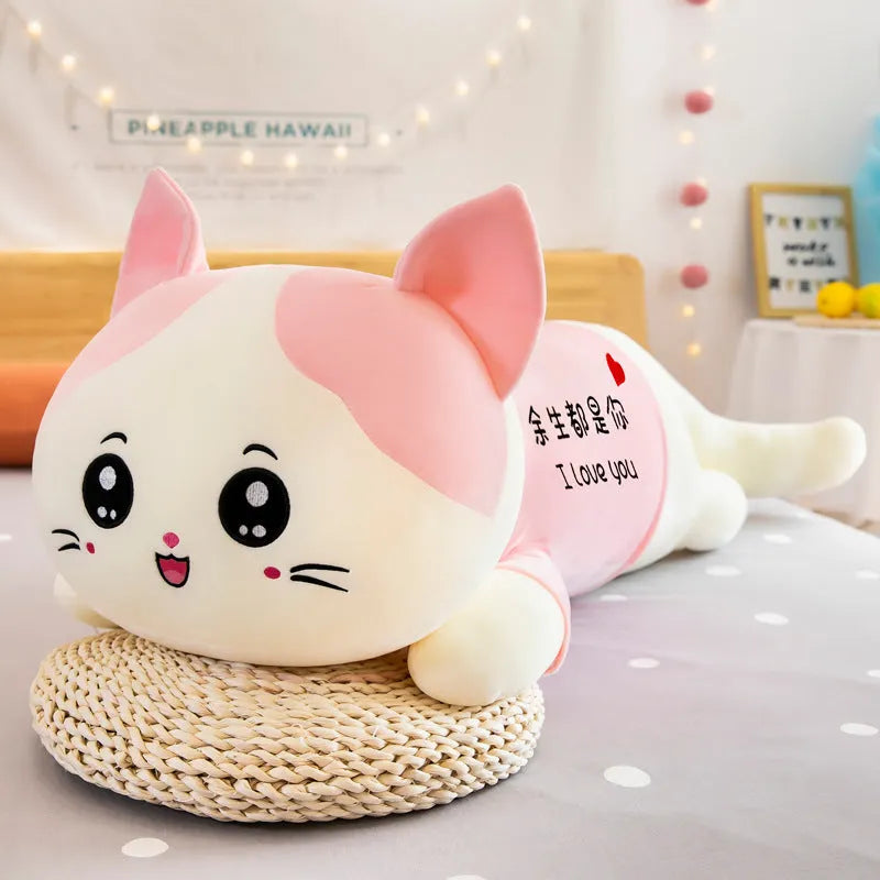 Cute cat plush toy sofa cushion in soft velvet fabric, available in blue and pink, 110cm length