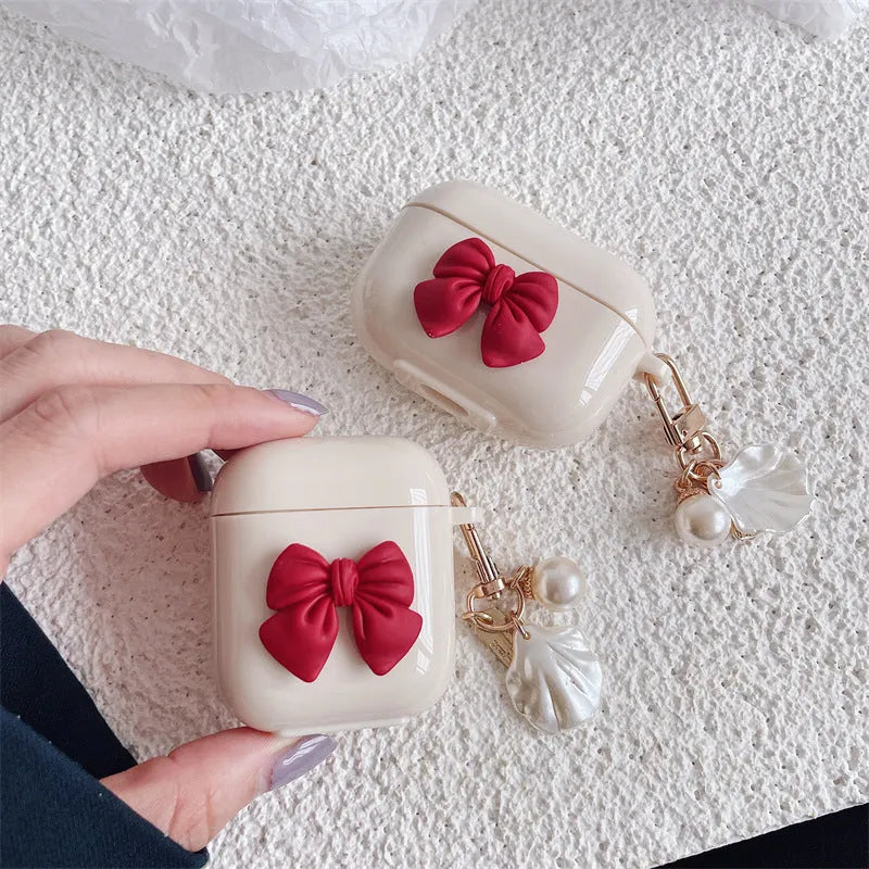 Beige red bow shell design TPU protective case for Apple AirPods Pro wireless earphones