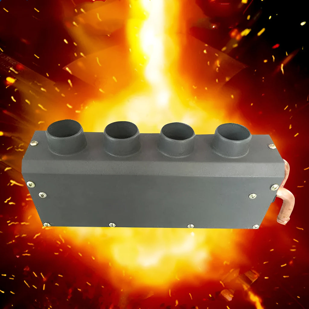 Compact metal car auxiliary heater with copper pipe connections for 12V and 24V vehicle systems.