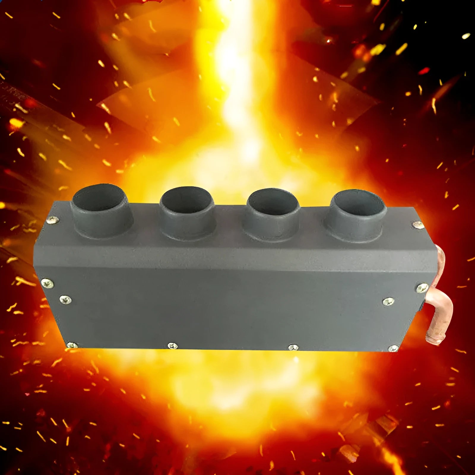 Compact metal car auxiliary heater with copper pipe connections for 12V and 24V vehicle systems.