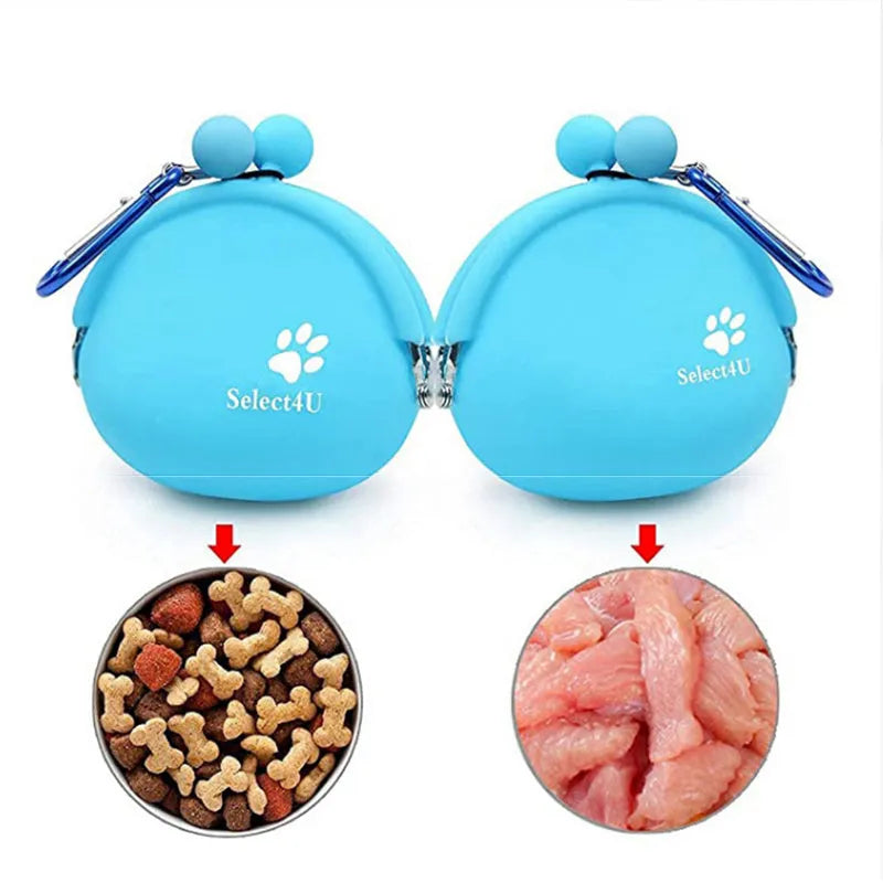 Yellow silicone dog treat pouch with hook and loop strap, shown on a waistband.