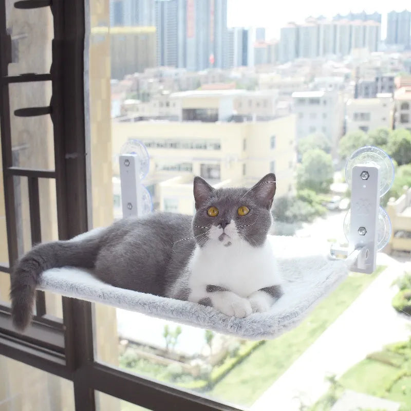 Cat resting on a suction cup window hammock made of plush fabric and steel in beige colour