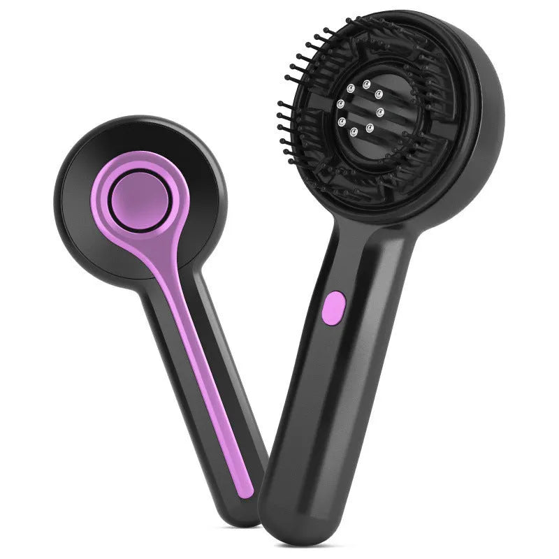 A black USB-powered hair brush massager with a mechanical two-speed switch on a grey background.