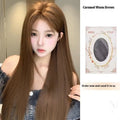 Warm brown long straight wig with centre-parted bangs and a white forehead lace front.