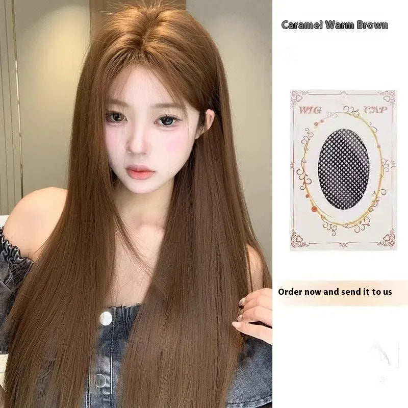 Warm brown long straight wig with centre-parted bangs and a white forehead lace front.
