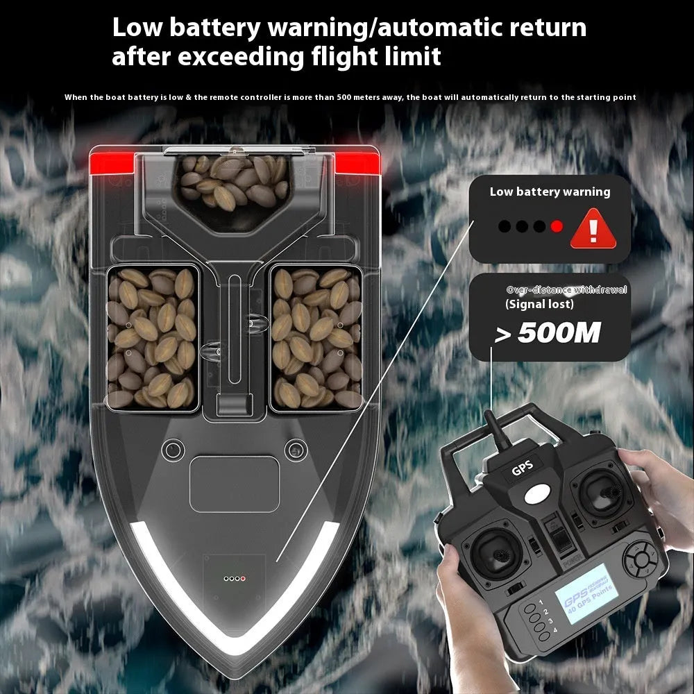 GPS remote control fishing boat in black or luminous yellow with remote control and handbag.