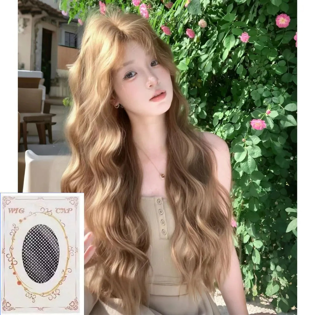 Linen brown medium length curly synthetic wig with hair net on display