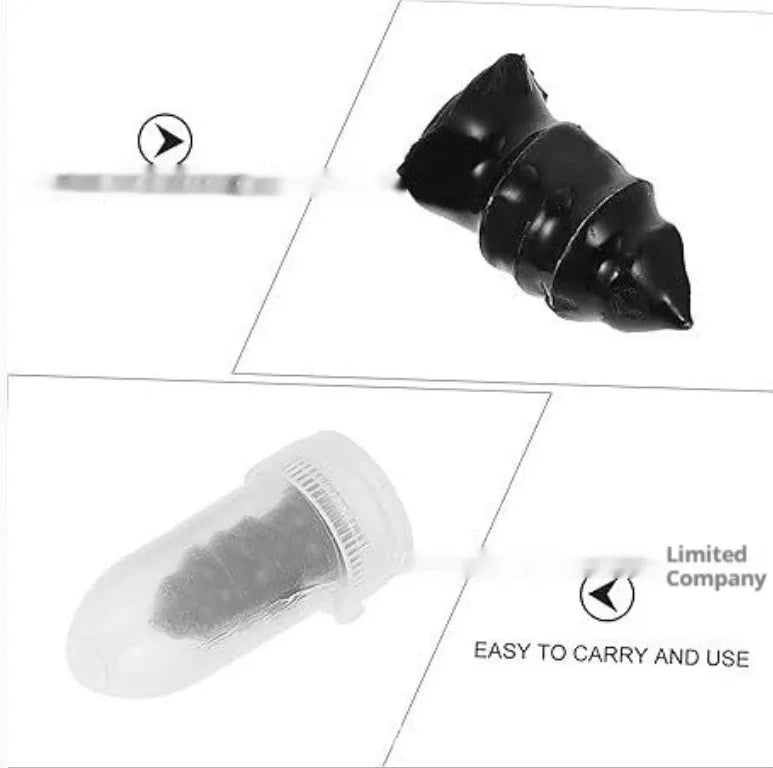 Rubber screws tyre repair kit with 50 large and 50 small screws and black screwdriver on a workbench