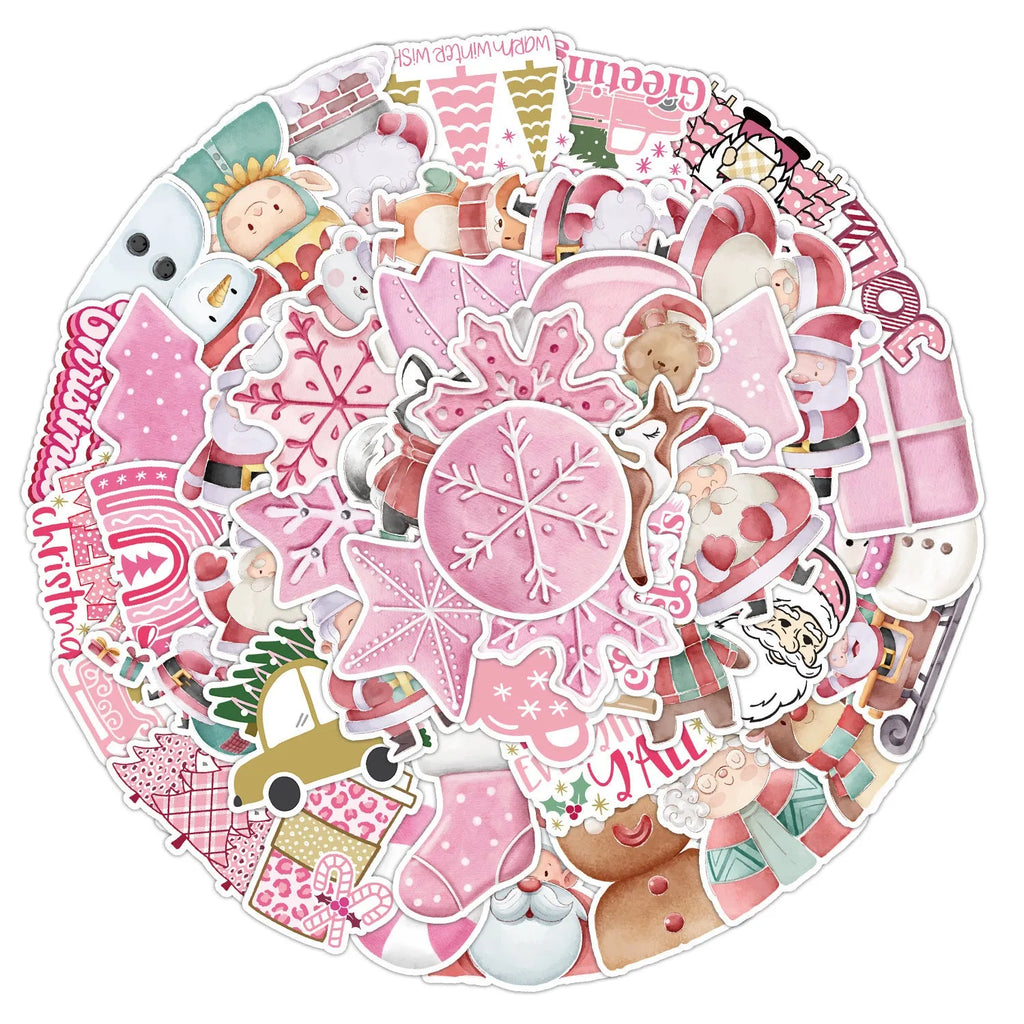 Pack of 50 cute Christmas-themed waterproof stickers in sizes from 4cm to 8cm.