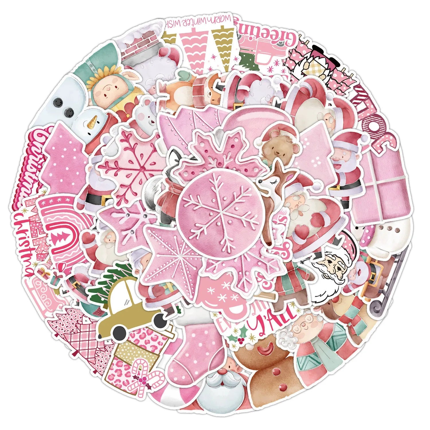 Pack of 50 cute Christmas-themed waterproof stickers in sizes from 4cm to 8cm.