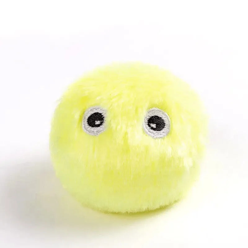 Blue, pink, and yellow interactive cat toy balls with 55mm diameter and gravity sensor trigger.