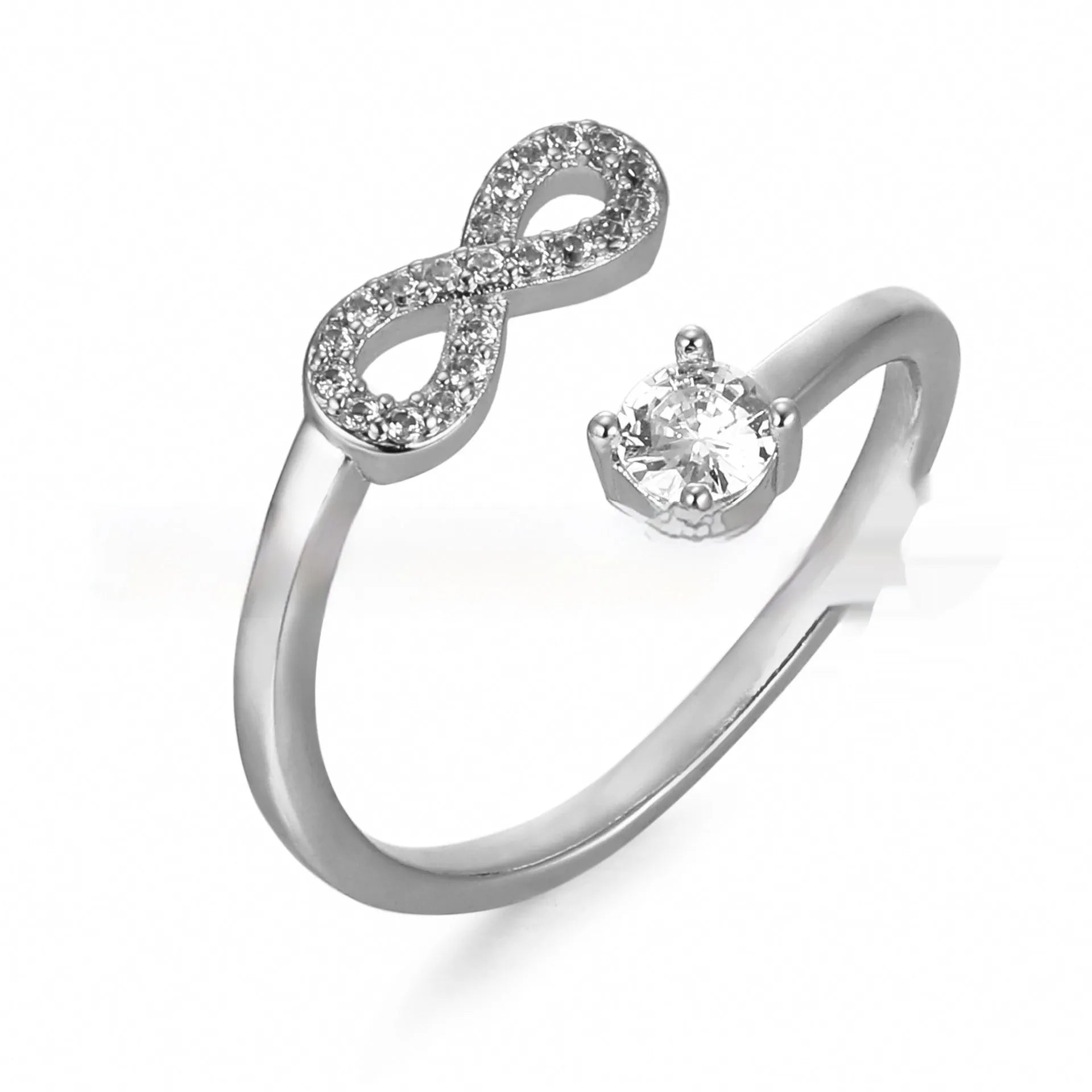 Open geometric initial ring showing a letter on finger, available in gold, rose gold, and silver.