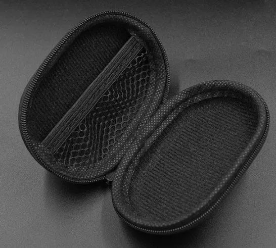 Black leather oval-shaped earphone storage pouch for portable headphones.