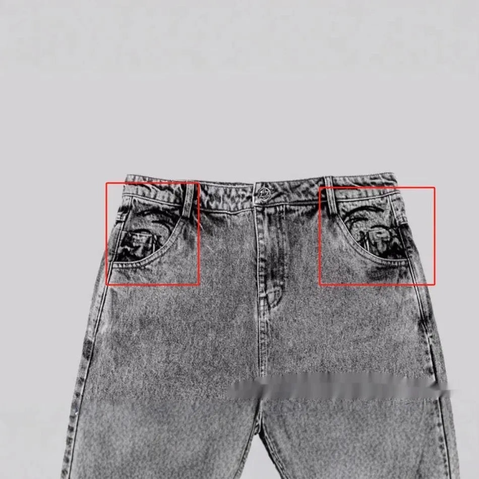 Grey loose fit straight-leg denim trousers for men on a white background