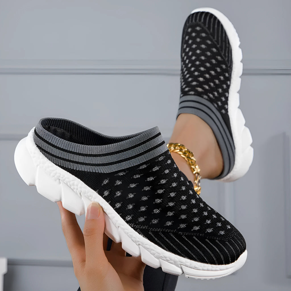 Women's black Flyknit semi slipper shoes with striped hollowed-out pattern and viscose sole