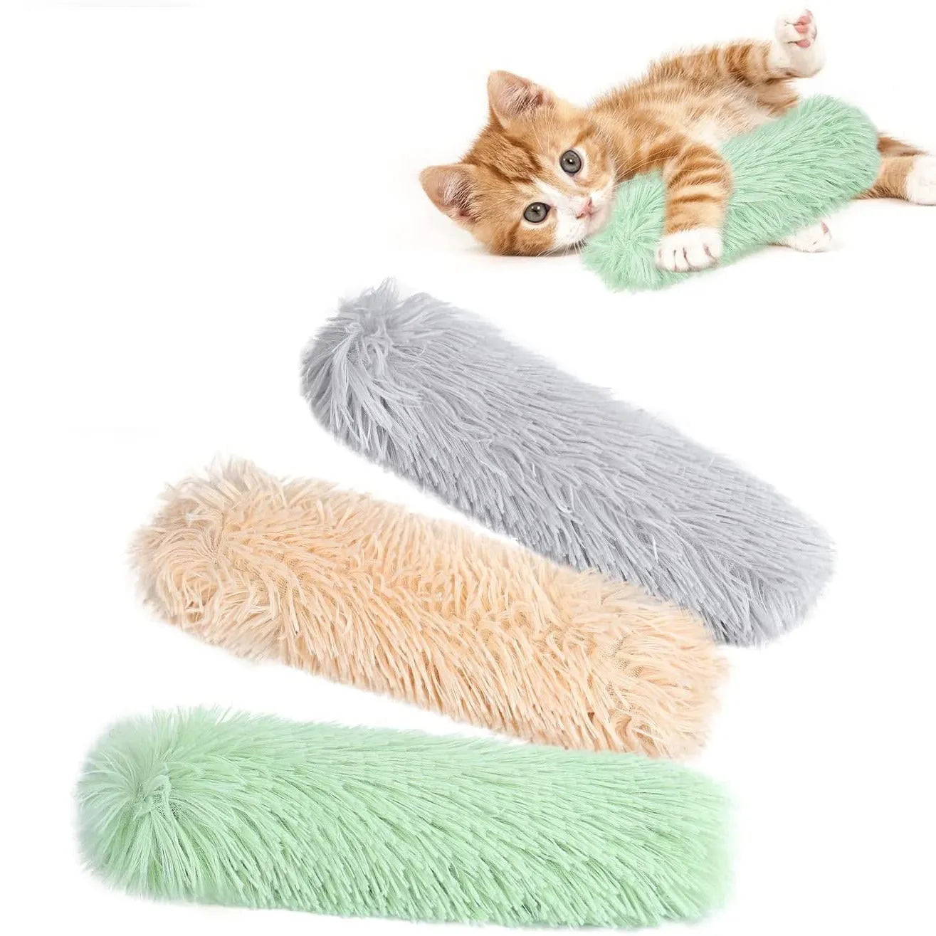 A blue plush cat toy pillow measuring 27cm long on a white background.