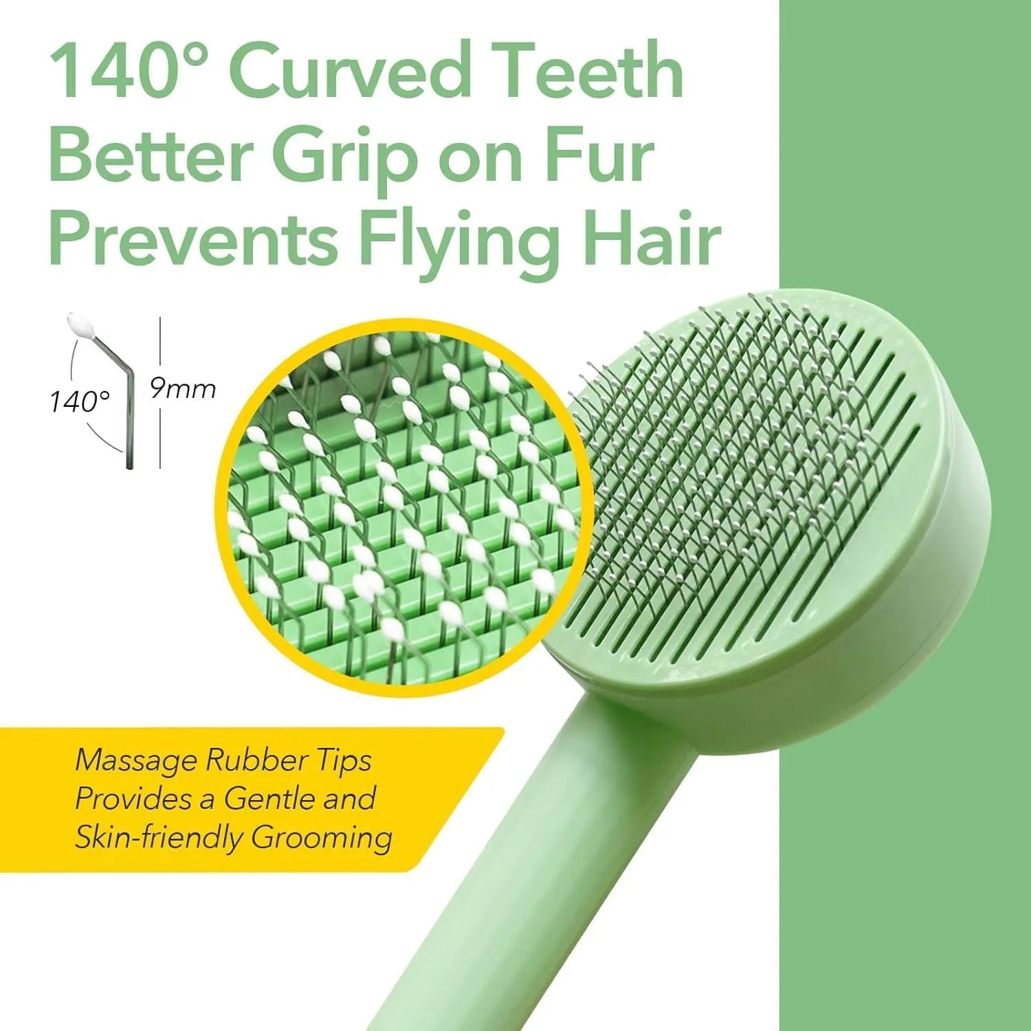 Green pet grooming brush with stainless steel teeth and hair removal function for cats and dogs