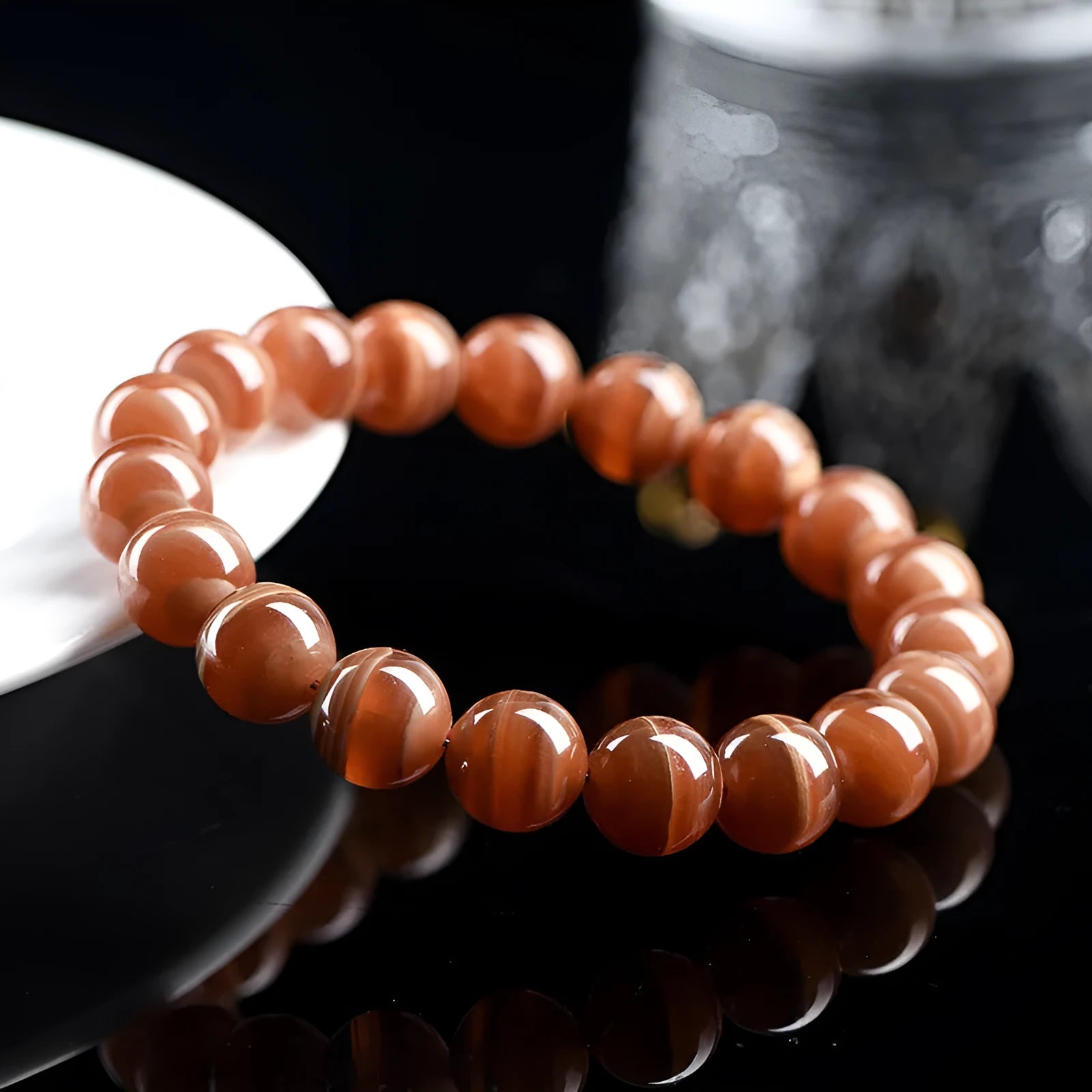 Natural Old Mine Rhodochrosite round bead bracelet with Ruyi elements in 6mm or 8mm bead options