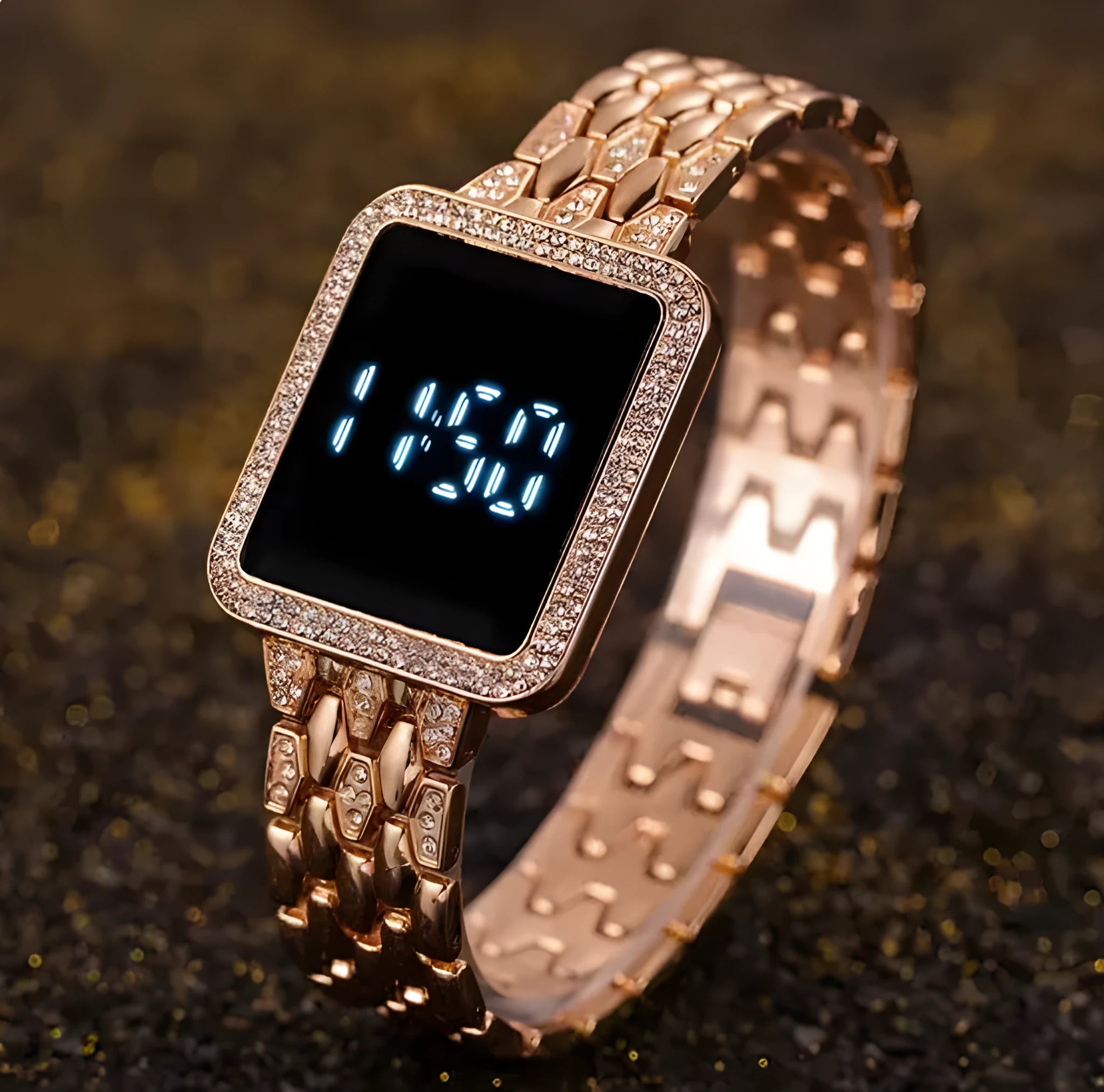 Large digital waterproof steel band watch with square dial for elderly users