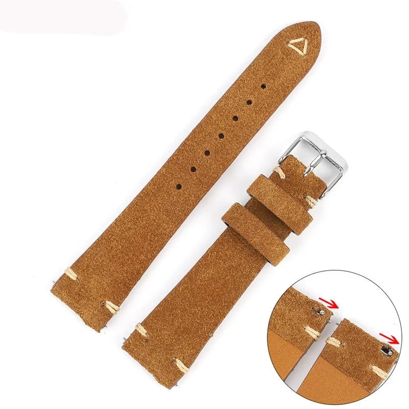 Genuine suede leather watch strap in brown, blue, grey, or Army Green