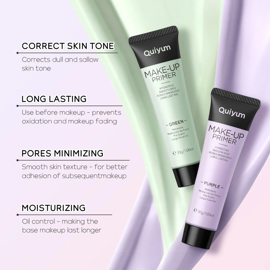 Colour box containing 30g moisturising makeup primer in green, pink, and purple colour-correcting shades
