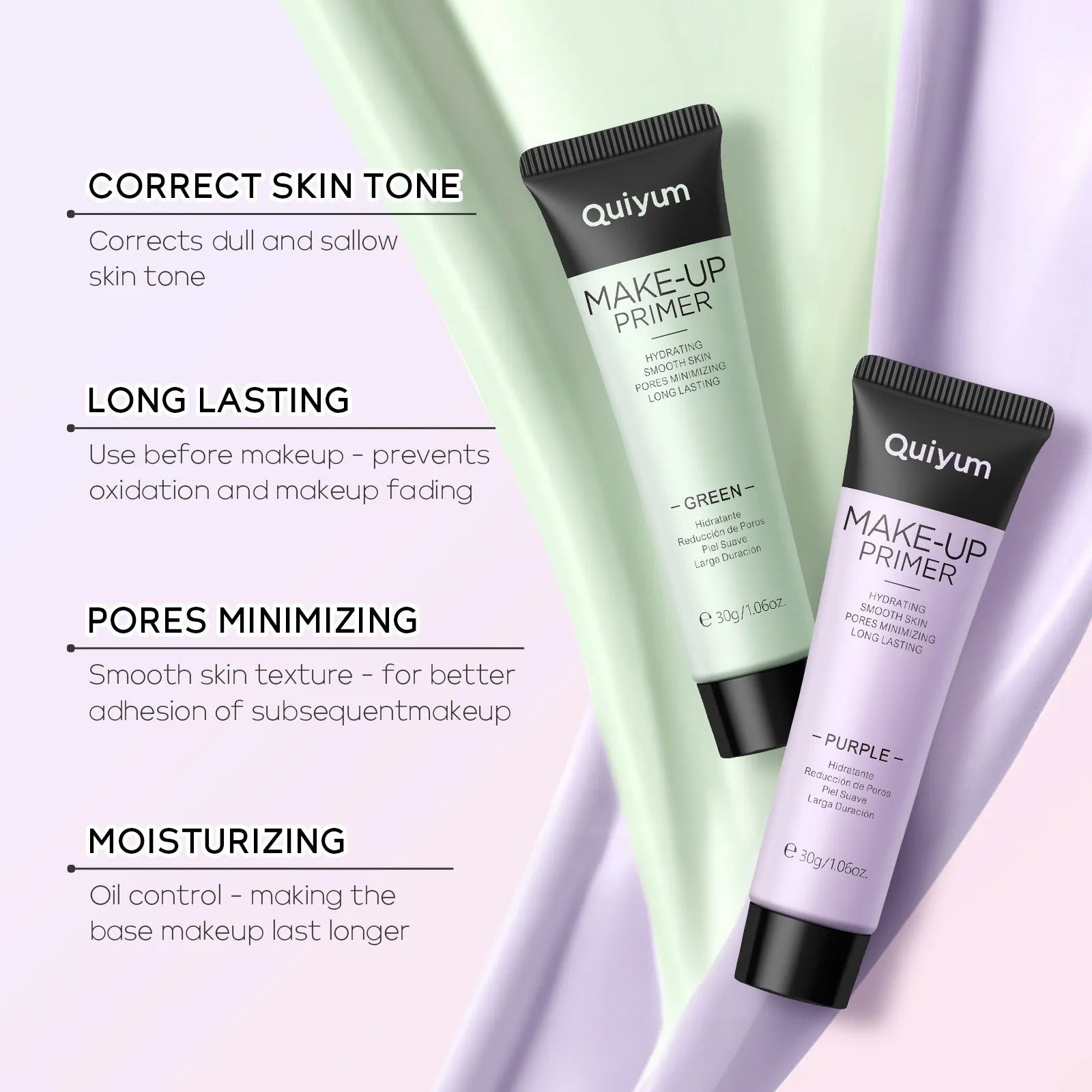Colour box containing 30g moisturising makeup primer in green, pink, and purple colour-correcting shades