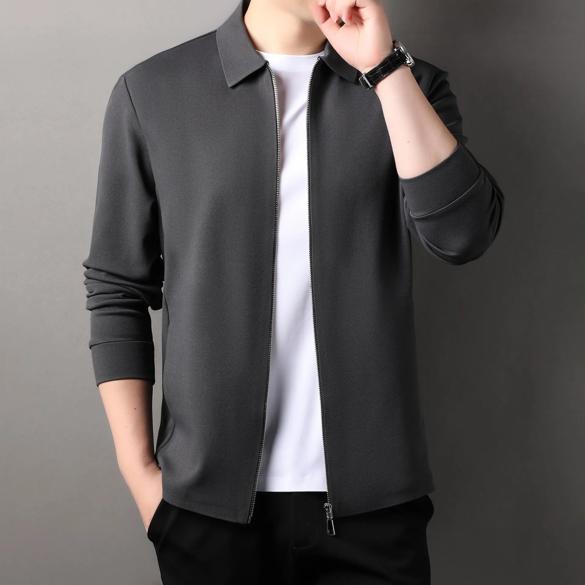 Men's polyester business jacket with straight hem in black, dark grey or apricot colour