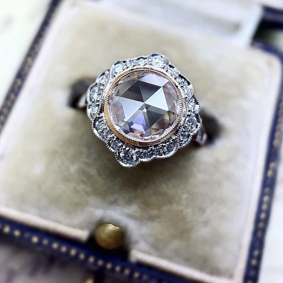 Rose gold two-tone alloy ring with white diamond moissanite, geometric shape, women's jewellery