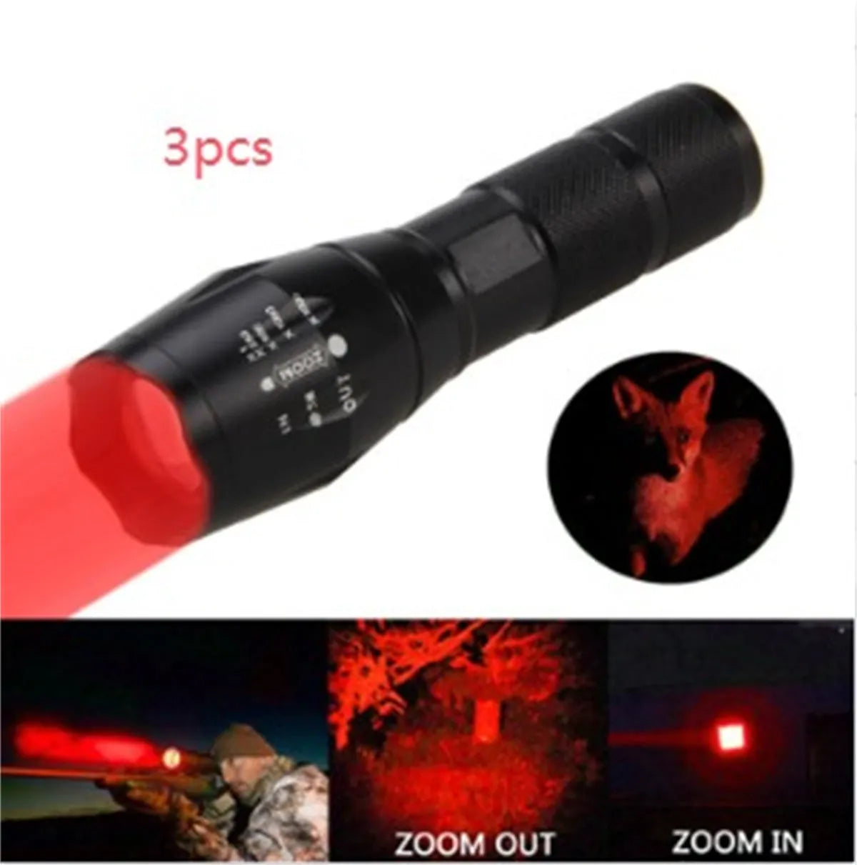 Black aluminium alloy zoomable LED flashlight with adjustable focus ring on a textured body.