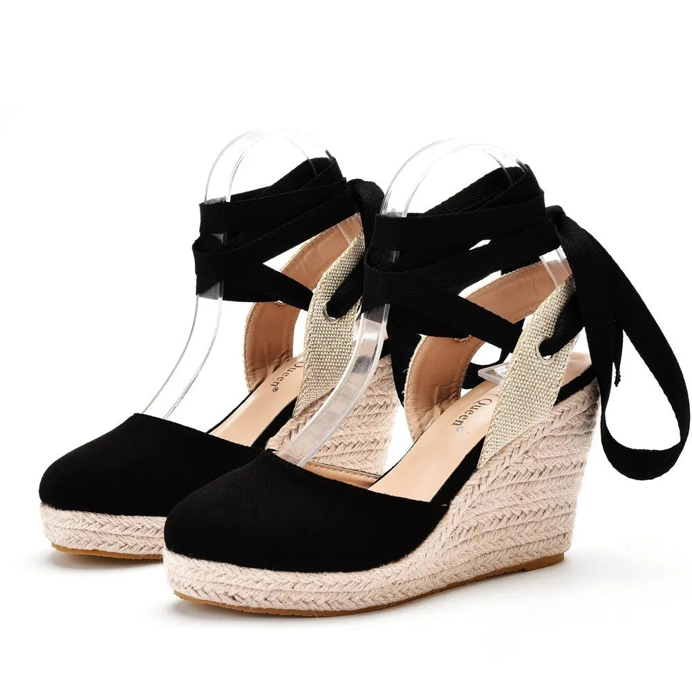 Women's apricot Bohemian wedge sandals with bead details, buckle strap, and a platform sole.