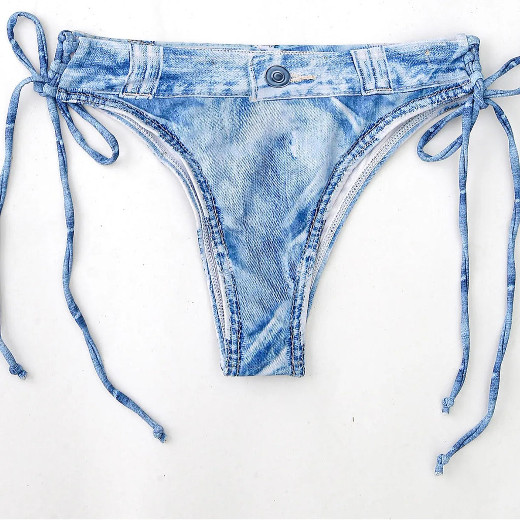 Women's denim two-piece bikini swimsuit in rose red polyester with sexy pattern, sizes S to XL
