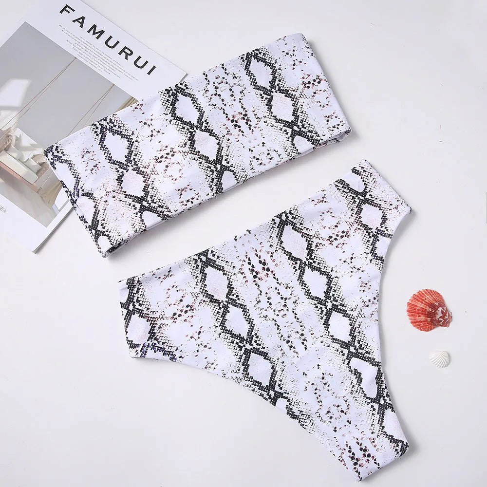Bandeau snake print bikini high-waist brief with chest pad polyester fibre swimsuit