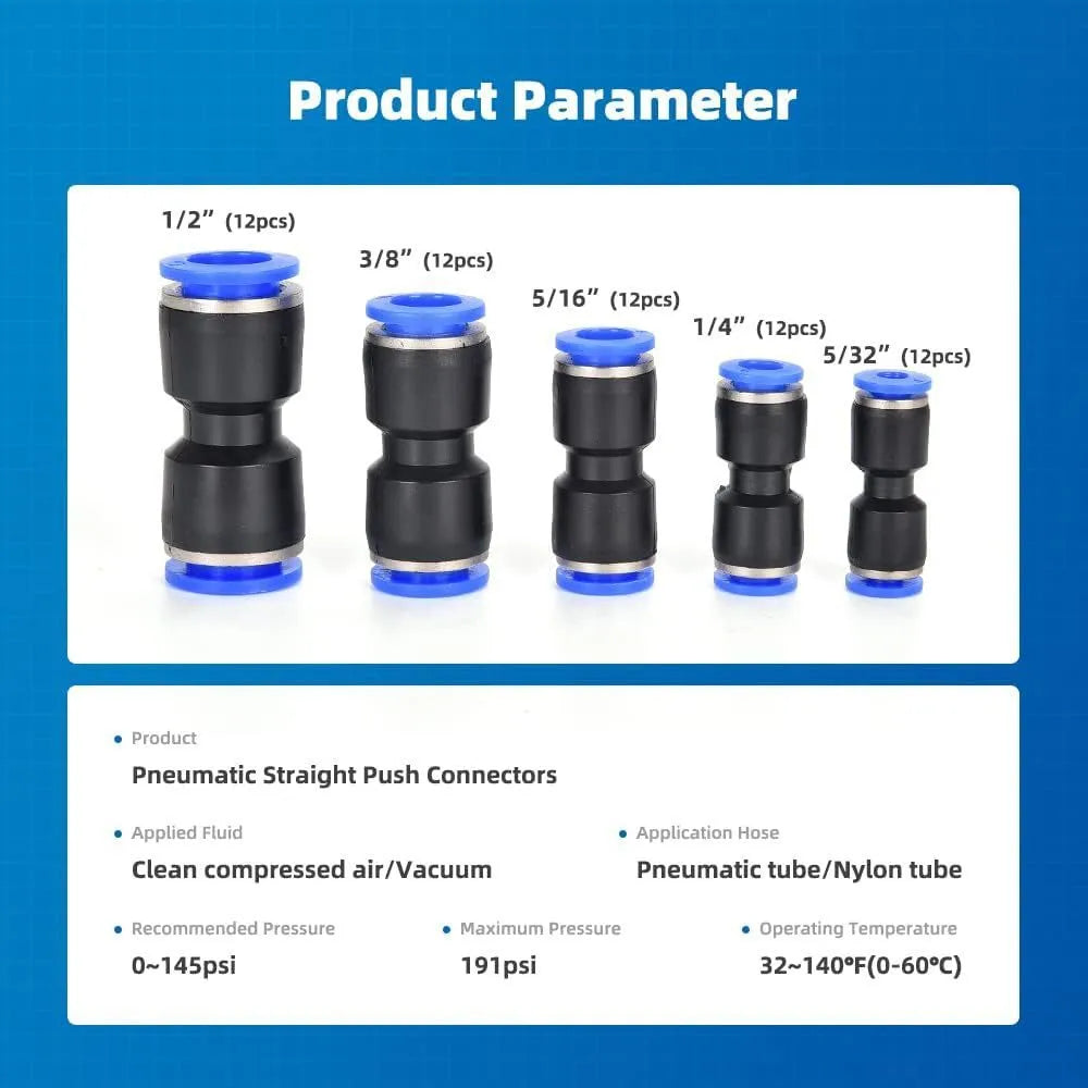 60-piece pneumatic push-in connector assortment with R1/4 and R1/2 inch sizes